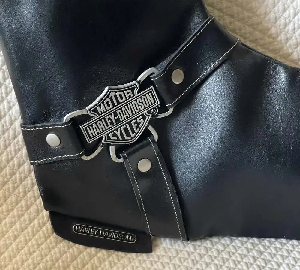VTG 1997 Harley Davidson Christmas Stocking Black Faux Leather Fur Boot